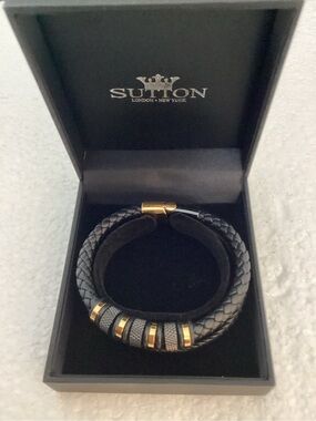 Rhona Sutton Black Titan Leather Stainless Steel Bracelet